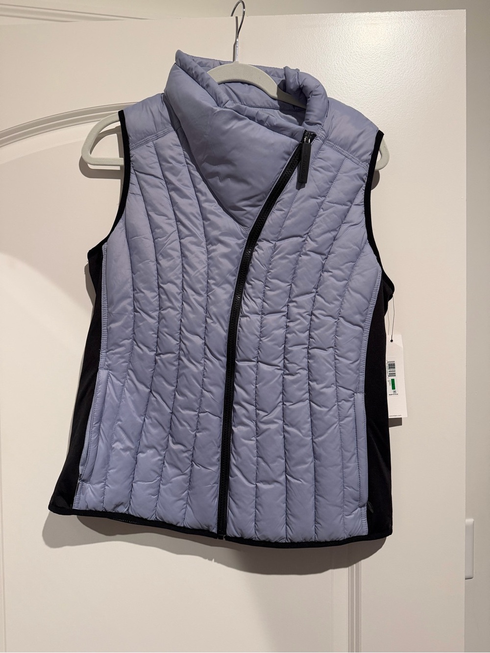 Calvin Klein Light Blue Quilted Asymmetric Zip Vest with Black Panels